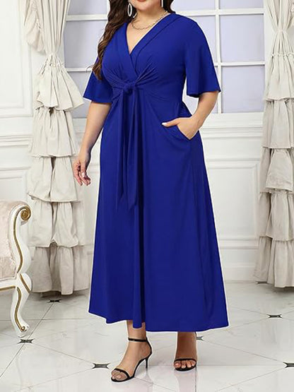 V Neck Tie Front Ruffle Sleeve A Line Maxi Dress