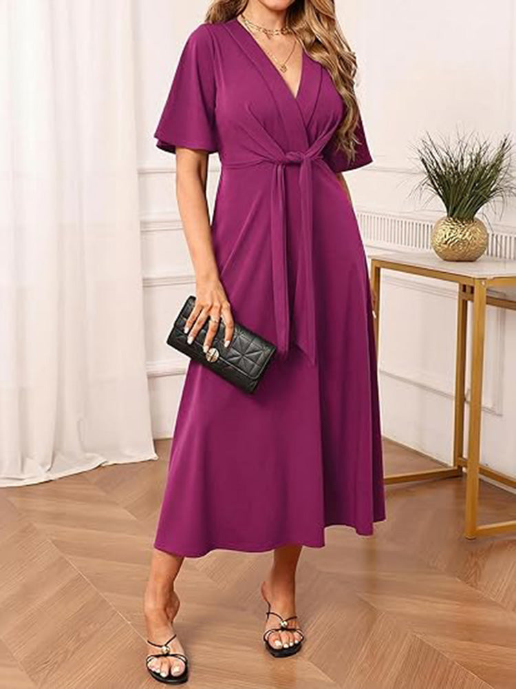 V Neck Tie Front Ruffle Sleeve A Line Maxi Dress