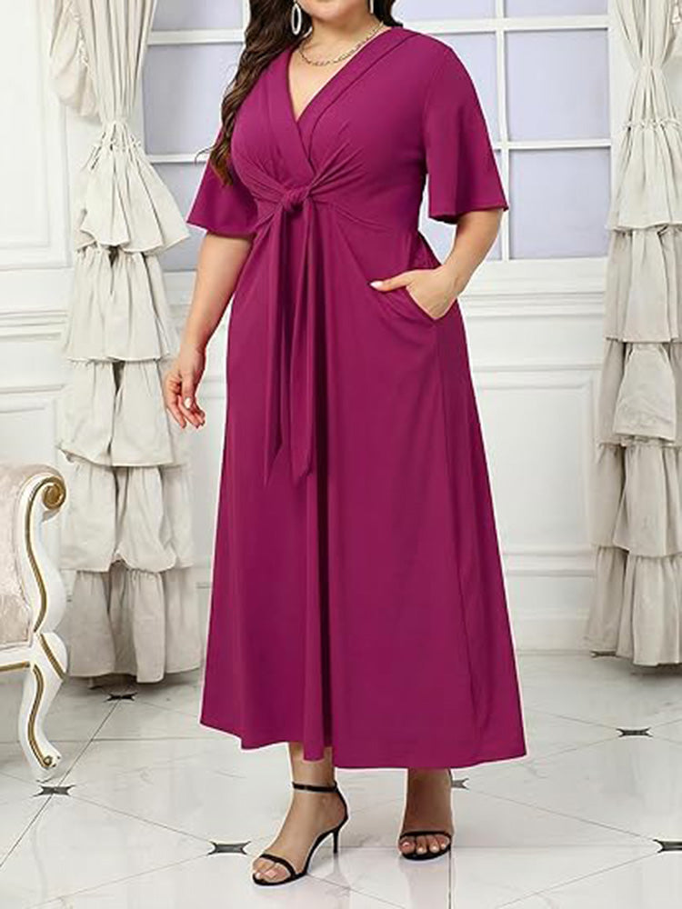 V Neck Tie Front Ruffle Sleeve A Line Maxi Dress