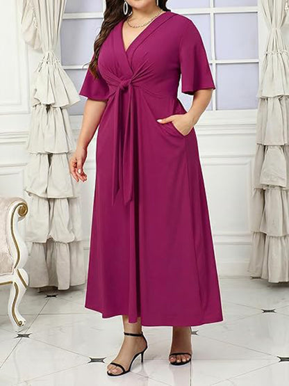 V Neck Tie Front Ruffle Sleeve A Line Maxi Dress