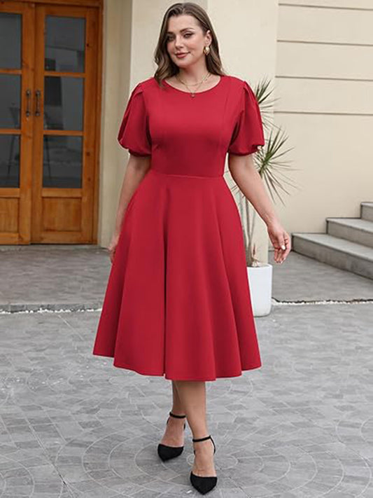 Short Sleeve Midi A Line Semi Formal Dress