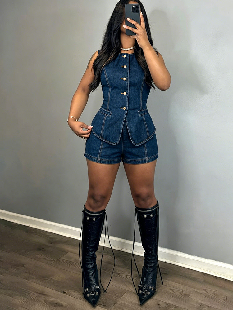 Denim Vest & Shorts Set