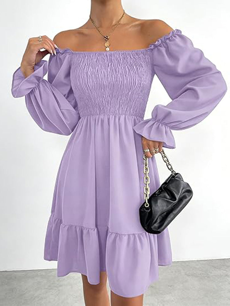 Square Neck Puff Sleeve A-Line Ruffle Hem Knee Dress