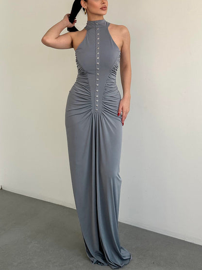 Halter Button Ruched Maxi Dress