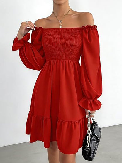 Square Neck Puff Sleeve A-Line Ruffle Hem Knee Dress