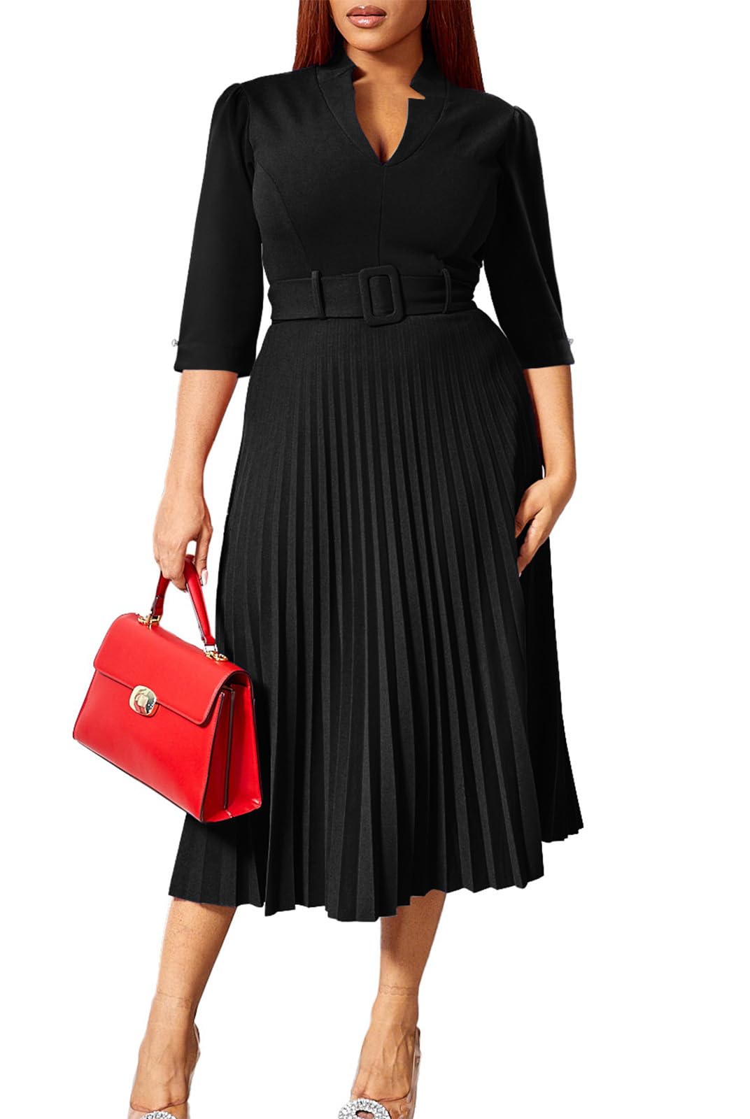 V Neck Belted Pleated Dress