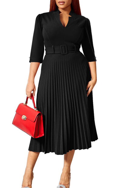 V Neck Belted Pleated Dress
