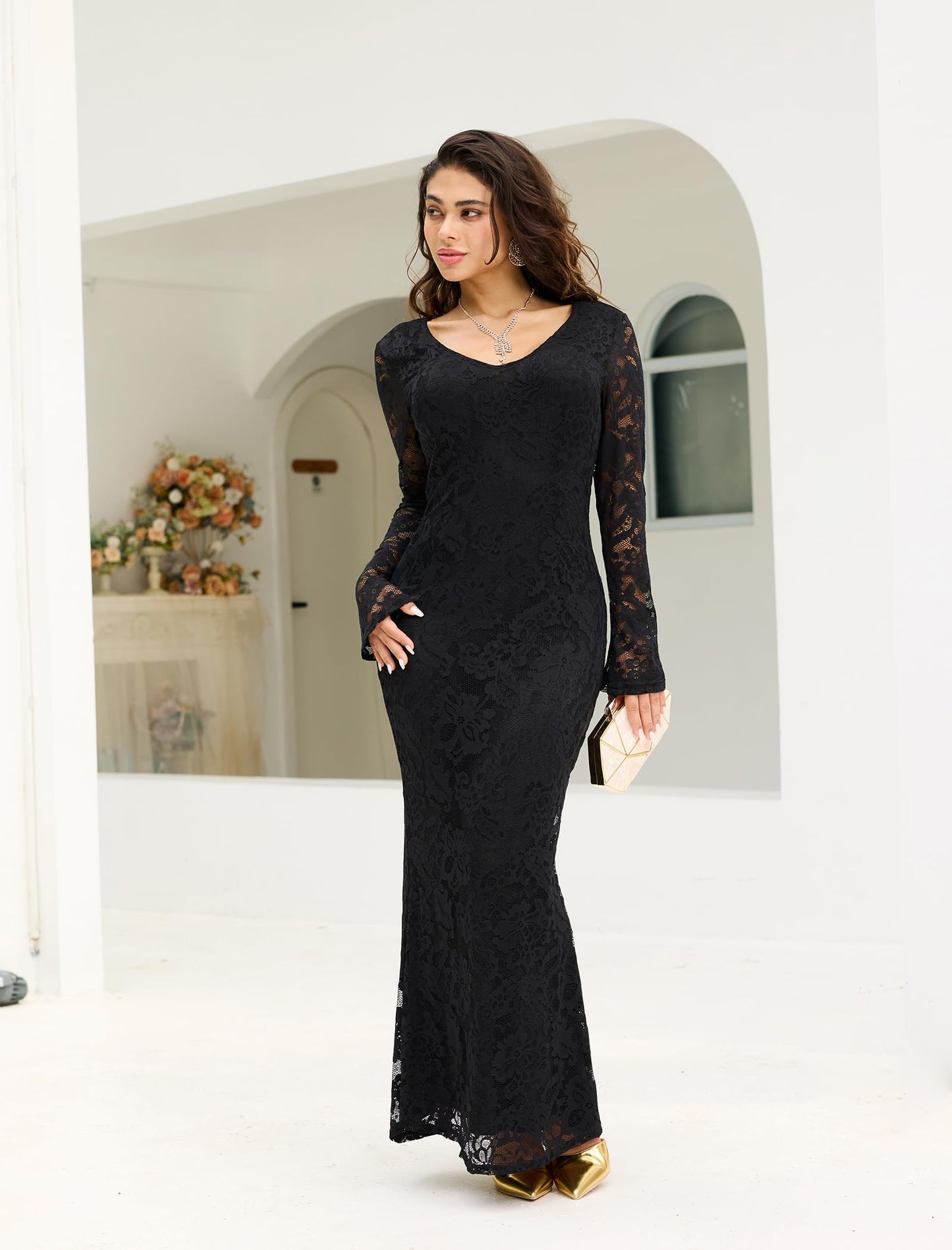 Floral Lace Flare Sleeve Dress