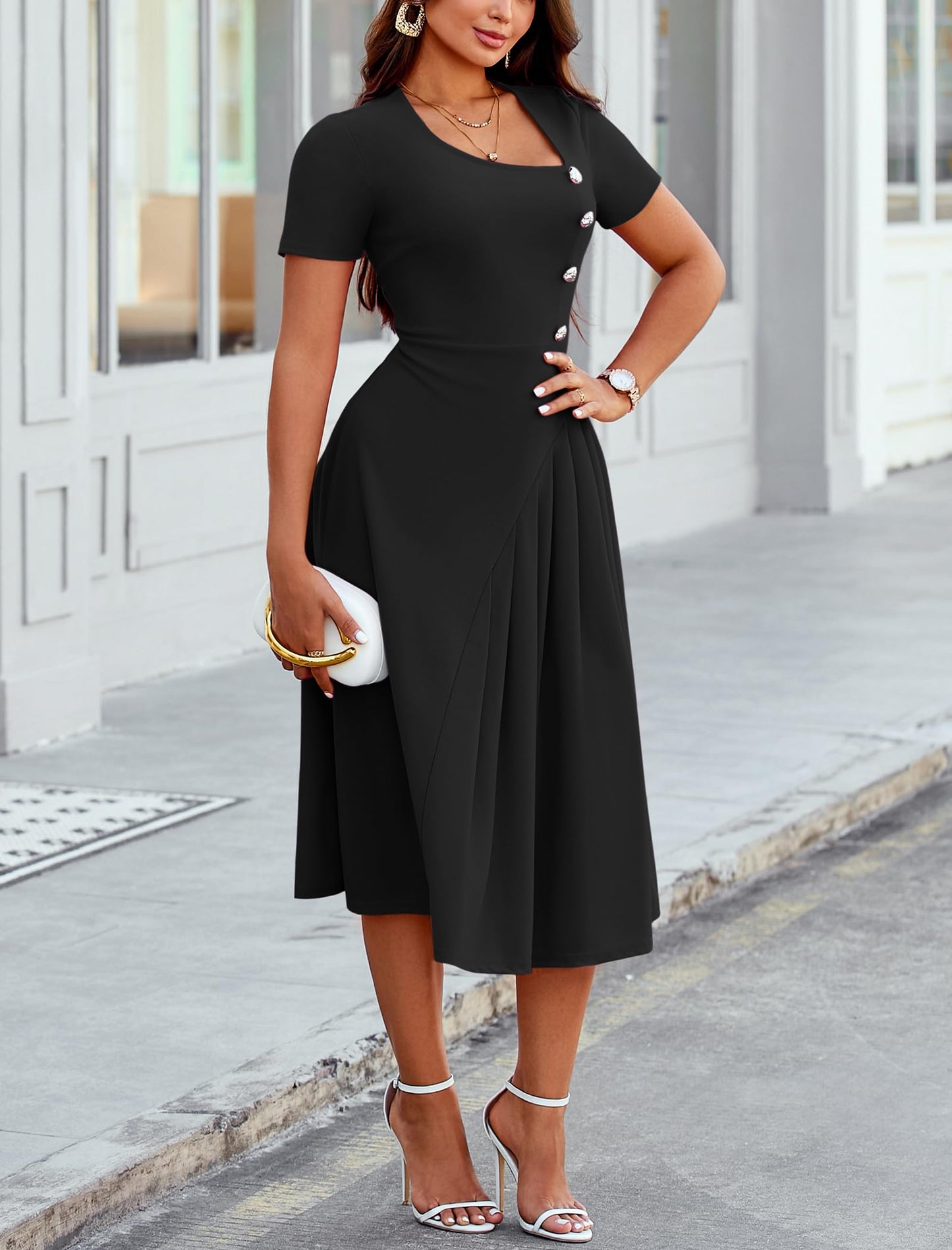 Pleated Asymmetrical Neck Midi Dress