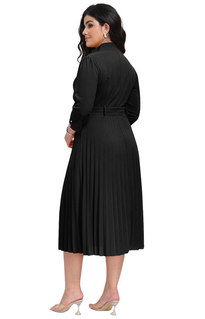 V Neck Belted Pleated Dress