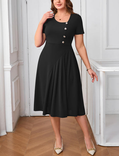 Pleated Asymmetrical Neck Midi Dress