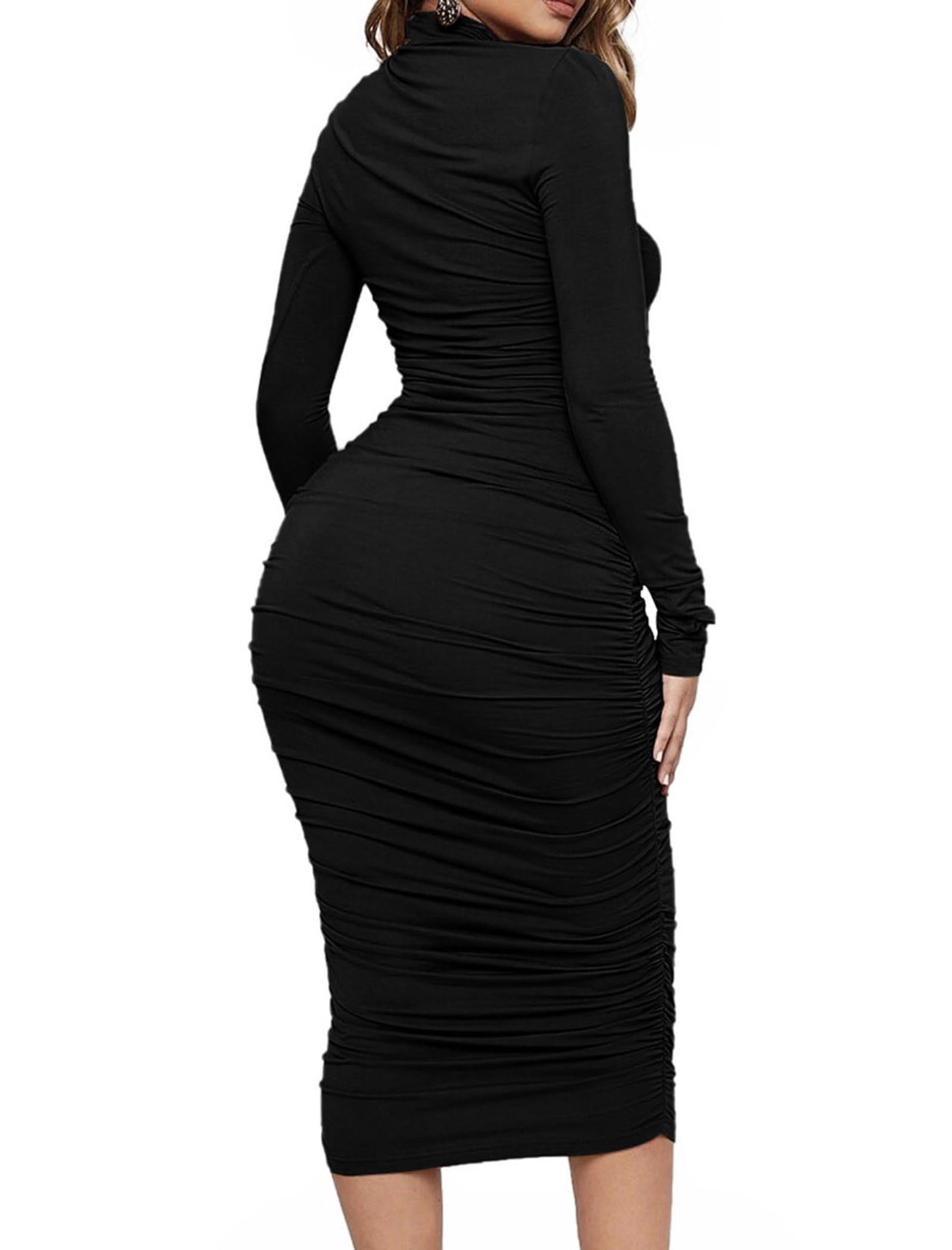 Mock Neck Ruched Midi Dress