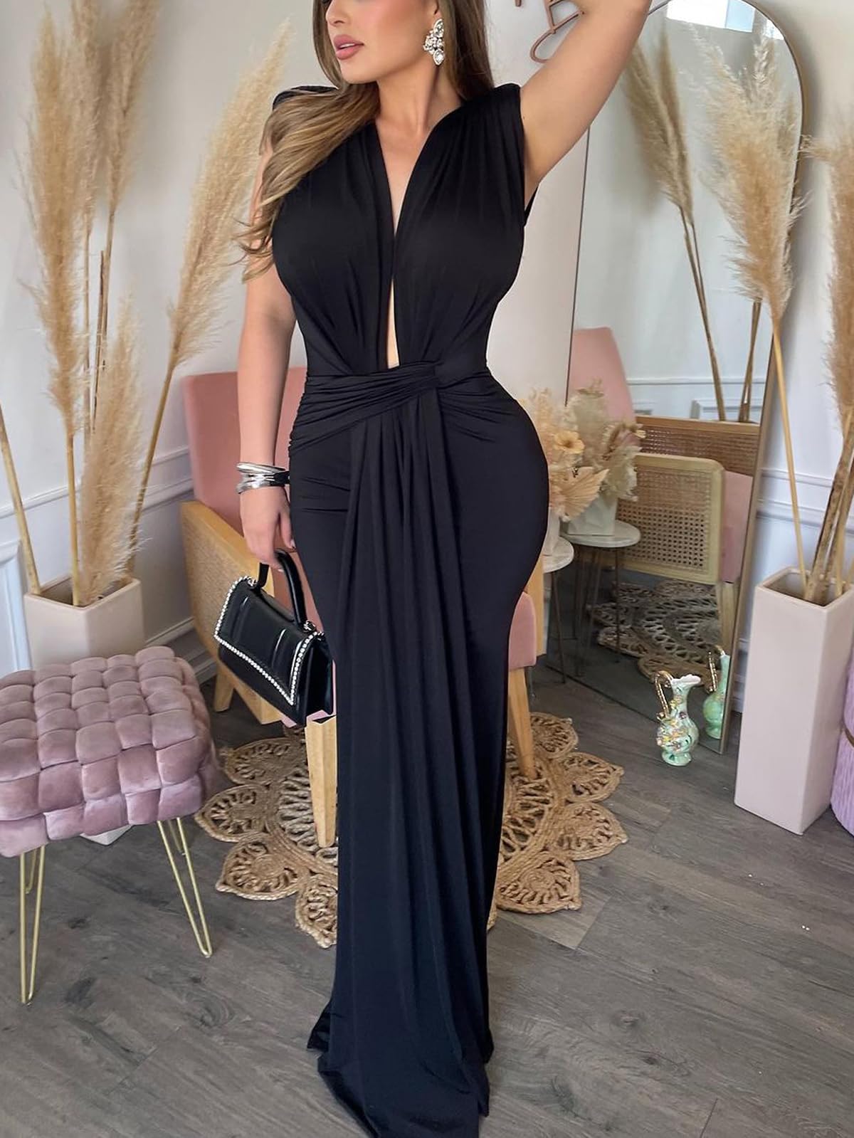 Deep V Neck Tie Front Maxi Dress