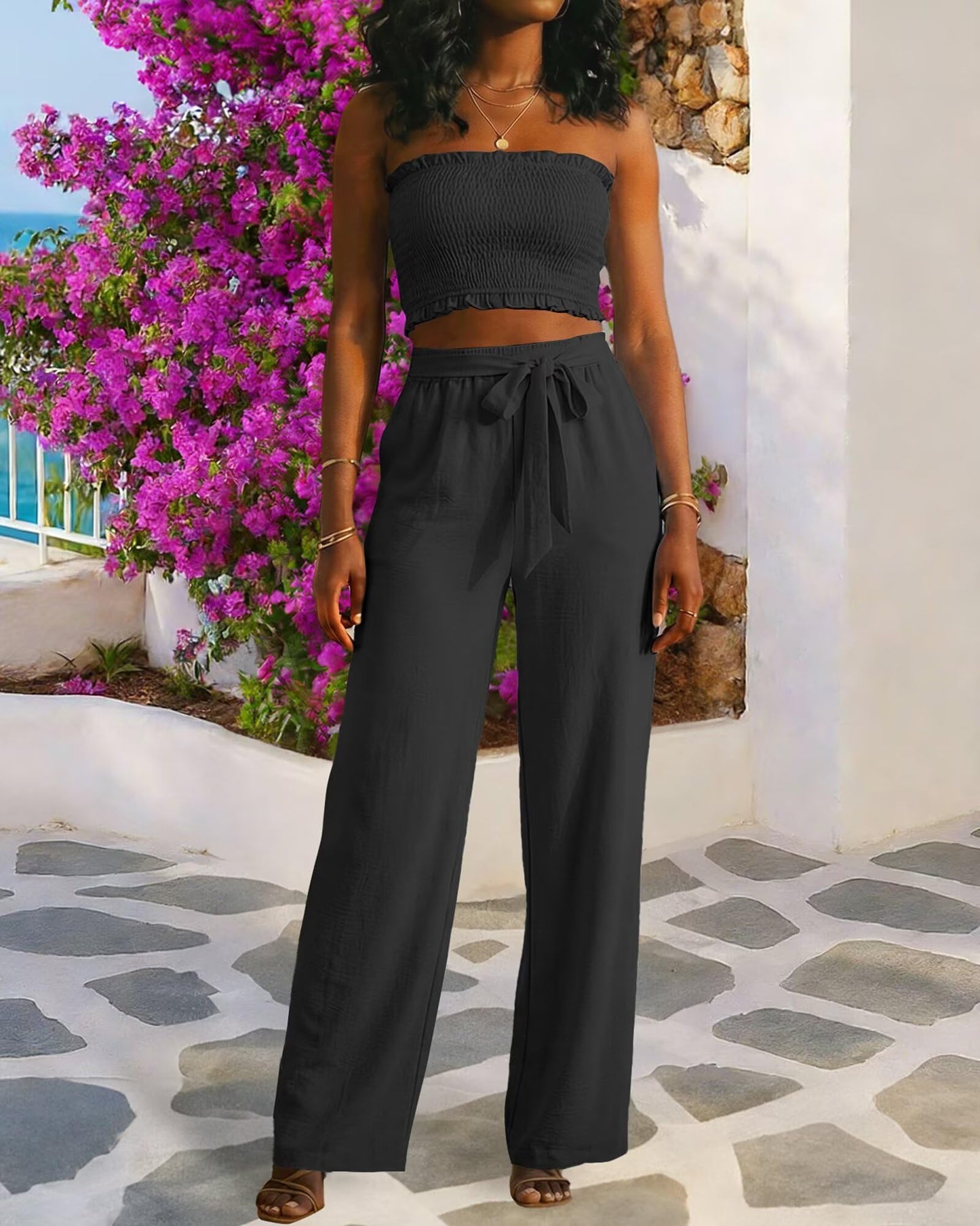 Knot Front Wide Leg Pants Set