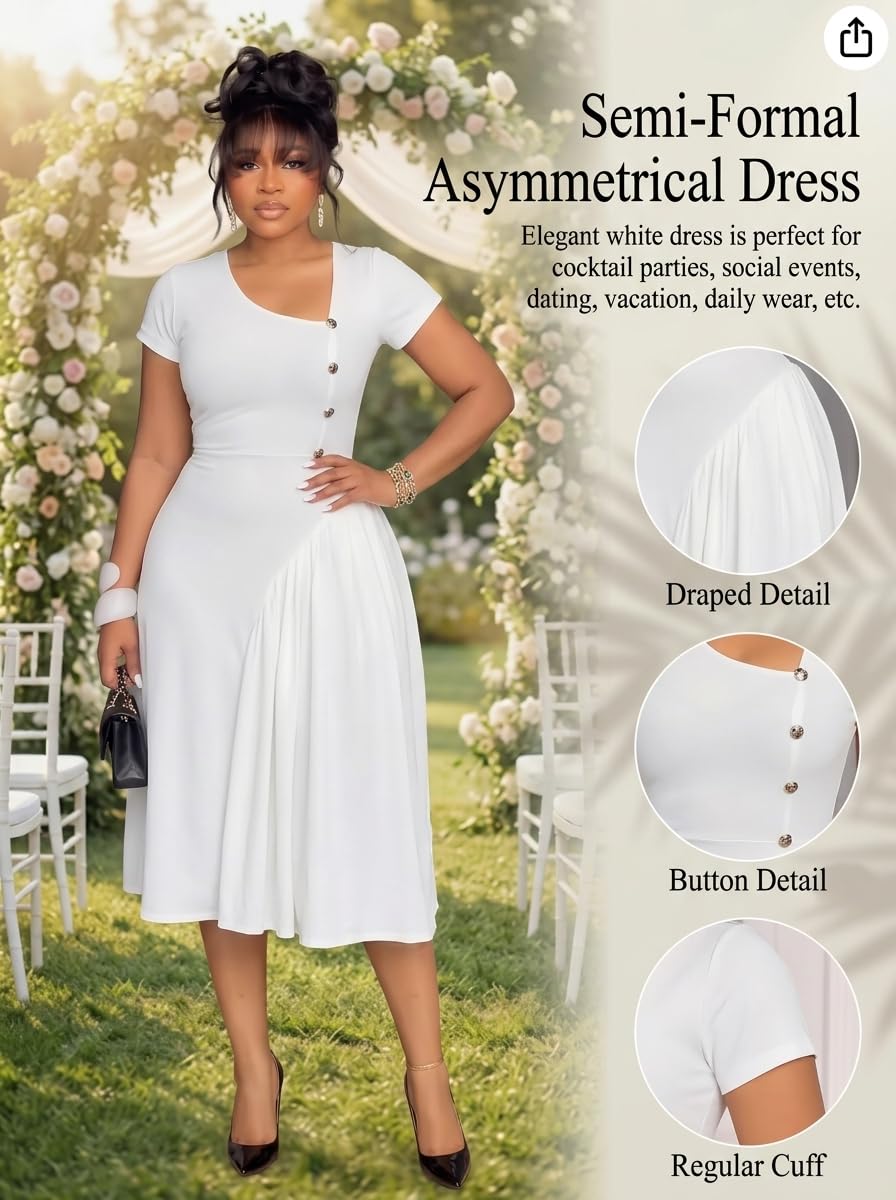 Pleated Asymmetrical Neck Midi Dress