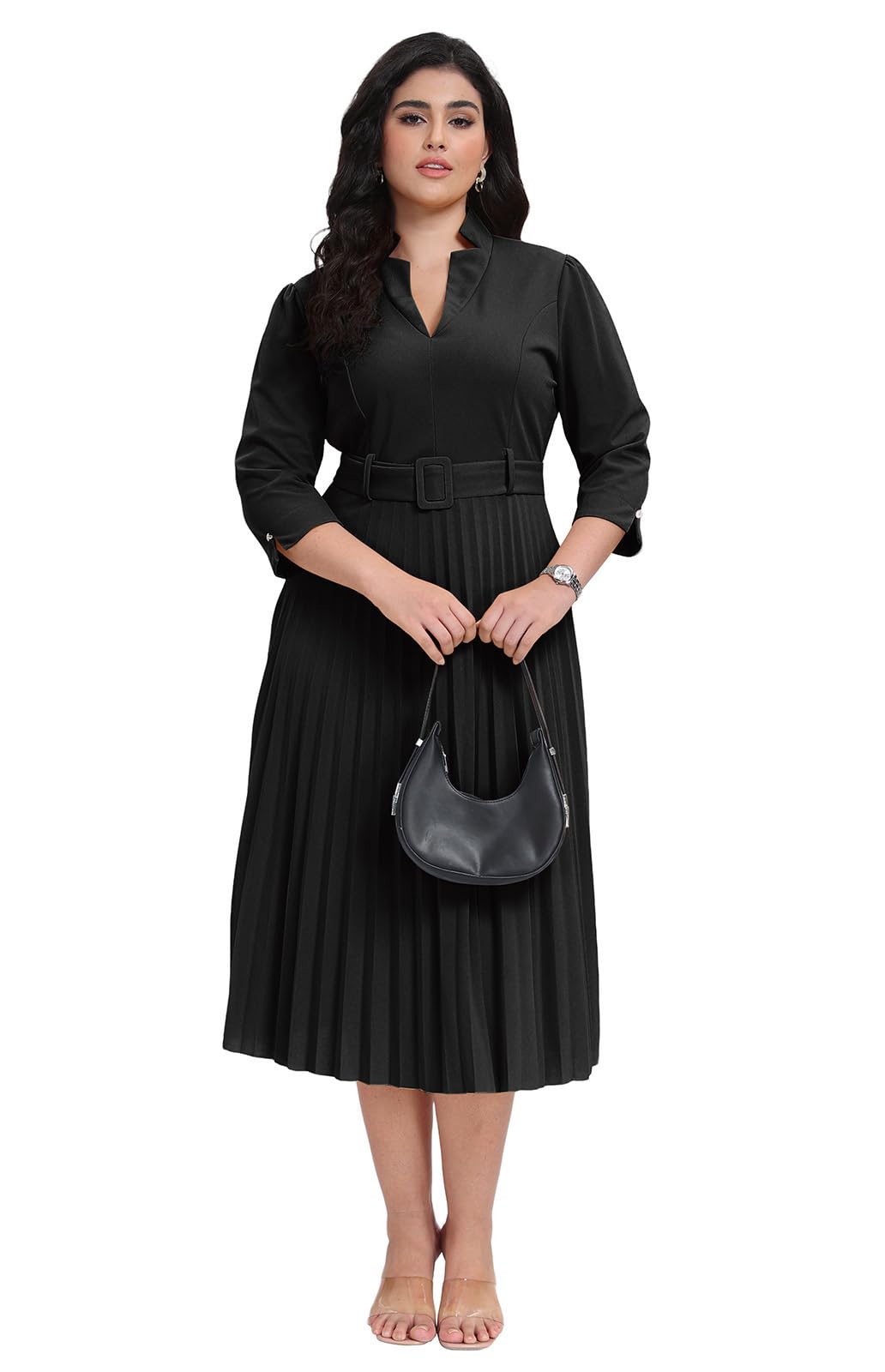 V Neck Belted Pleated Dress