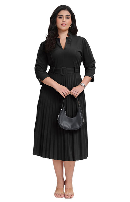 V Neck Belted Pleated Dress