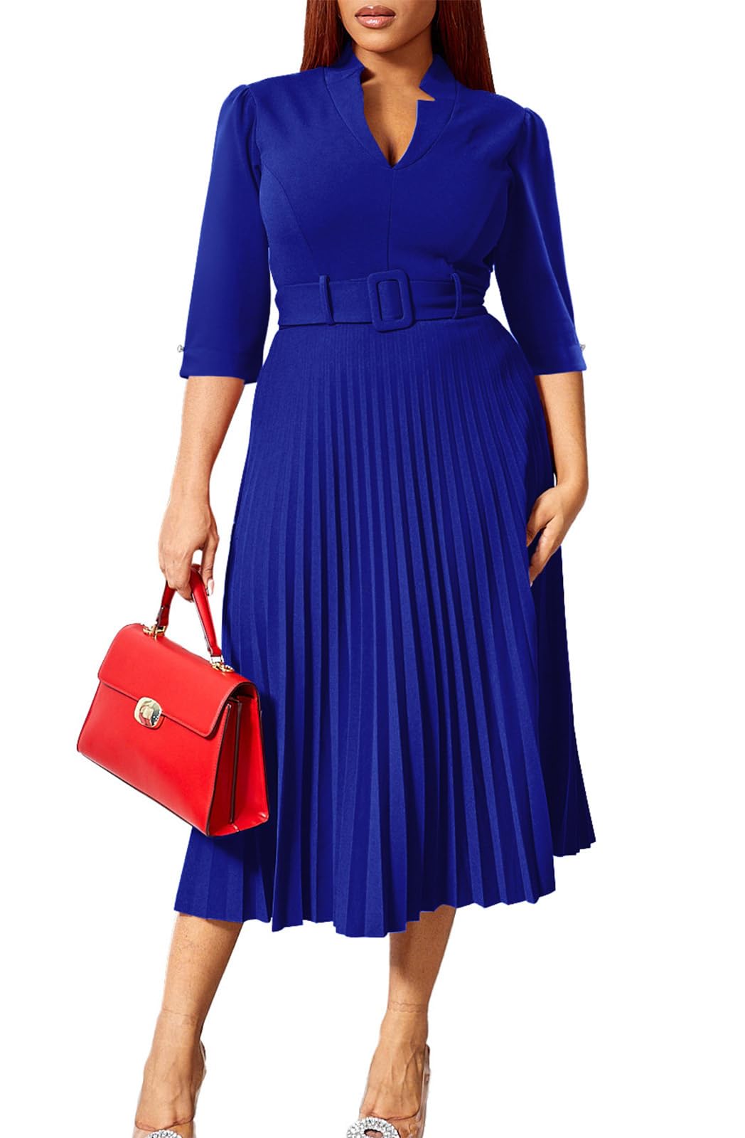 V Neck Belted Pleated Dress