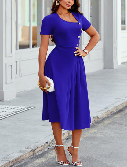 Pleated Asymmetrical Neck Midi Dress