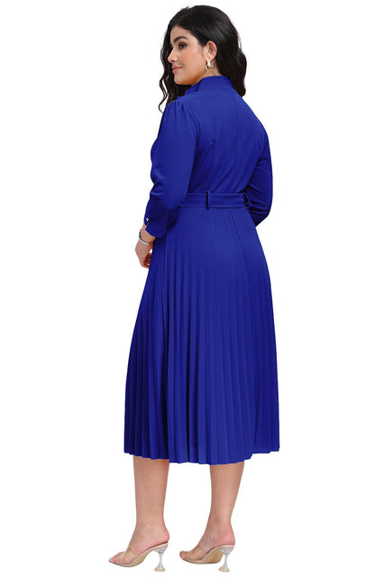 V Neck Belted Pleated Dress