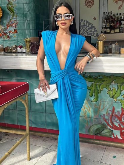 Deep V Neck Tie Front Maxi Dress