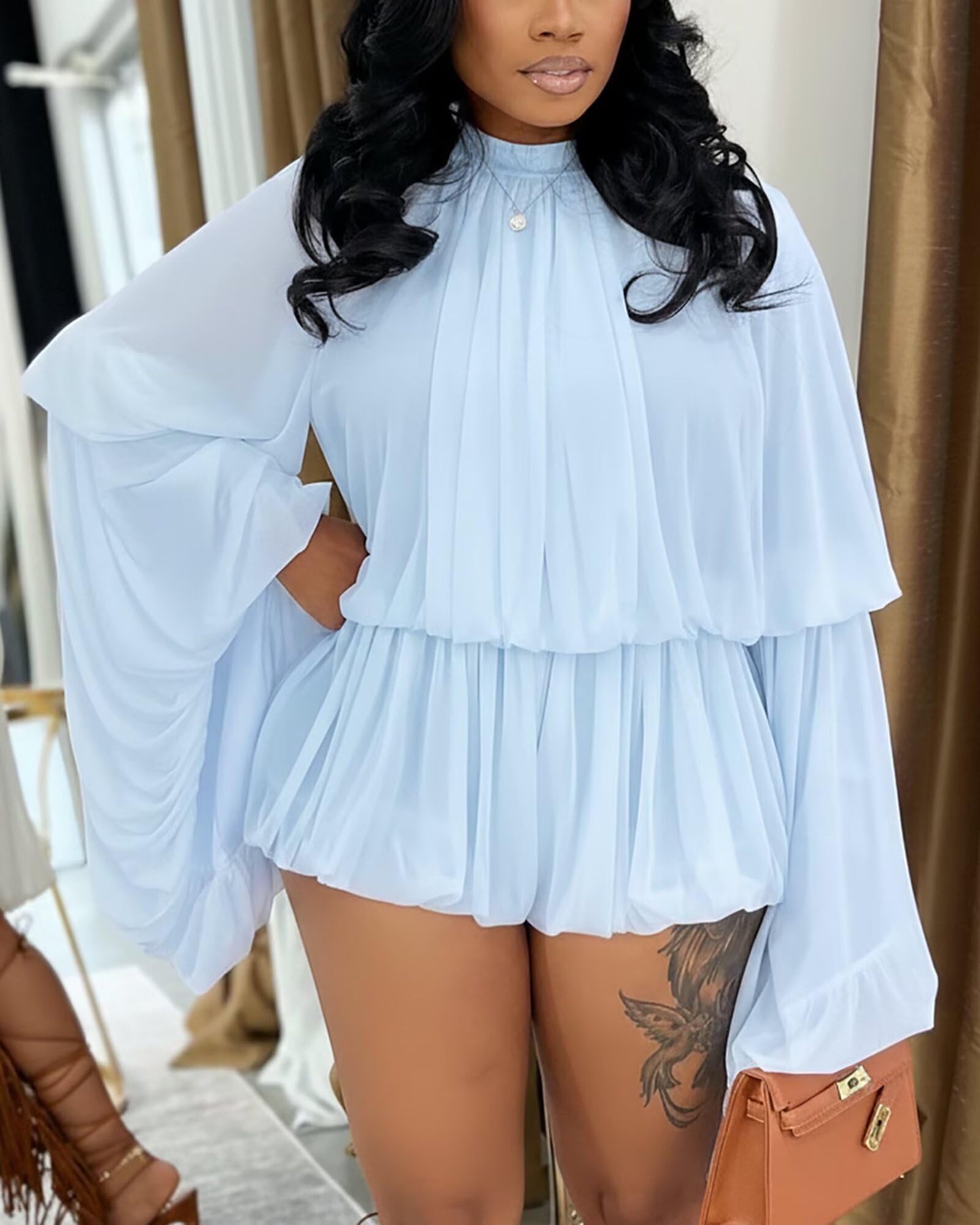 Chiffon Bell Sleeve Shorts Set