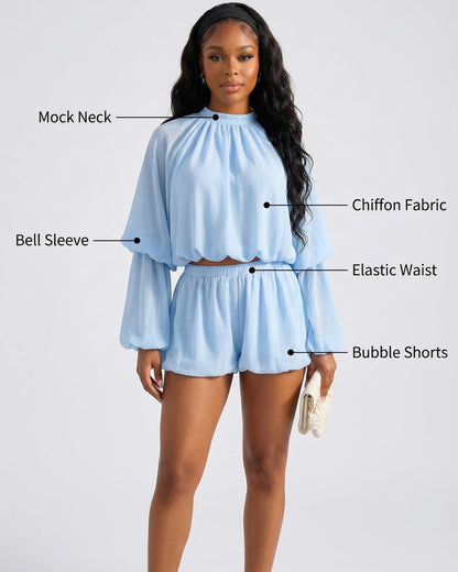 Chiffon Bell Sleeve Shorts Set