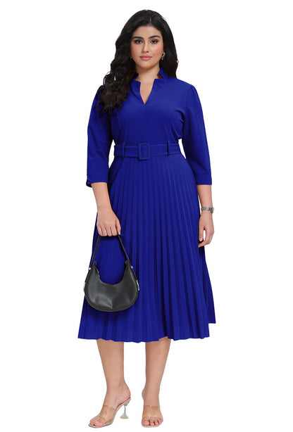 V Neck Belted Pleated Dress