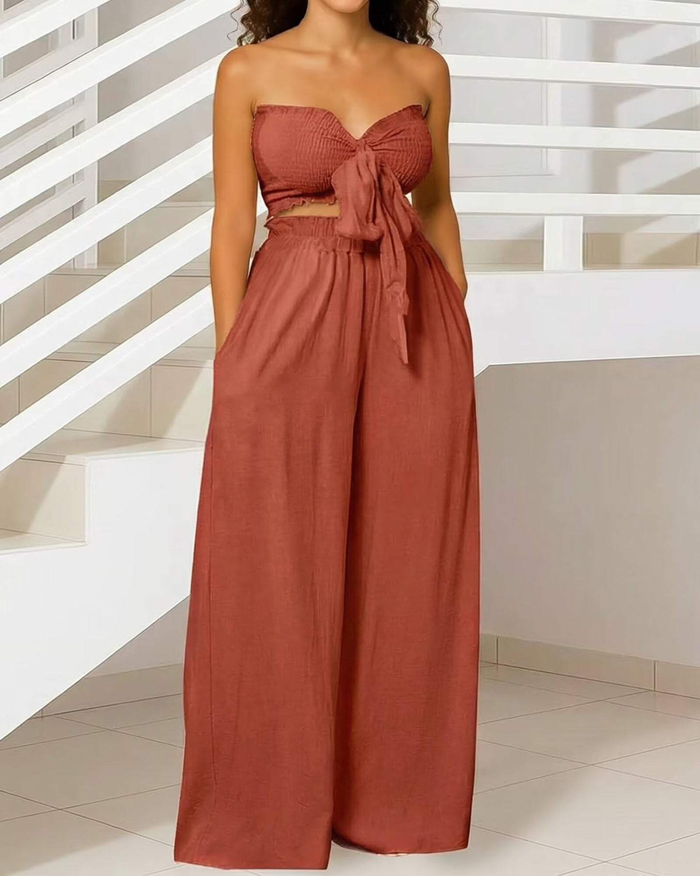 Knot Front Wide Leg Pants Set