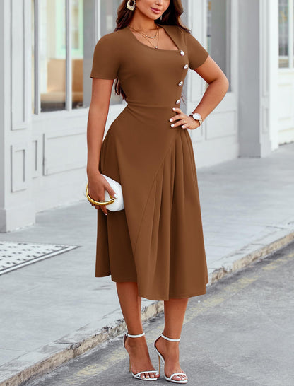 Pleated Asymmetrical Neck Midi Dress