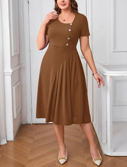Pleated Asymmetrical Neck Midi Dress