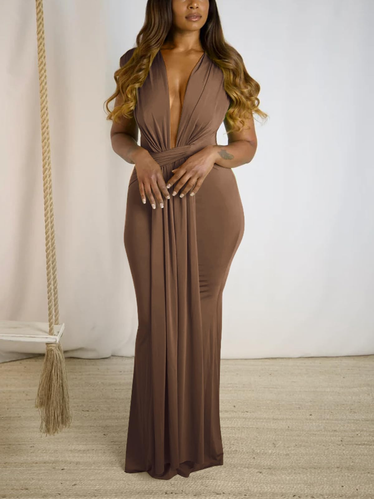 Deep V Neck Tie Front Maxi Dress
