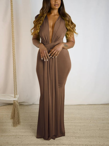 Deep V Neck Tie Front Maxi Dress