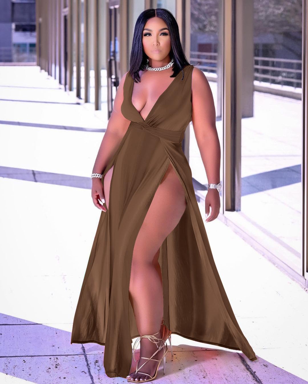 Plus Size Sleeveless V-Neck Split Maxi Dress