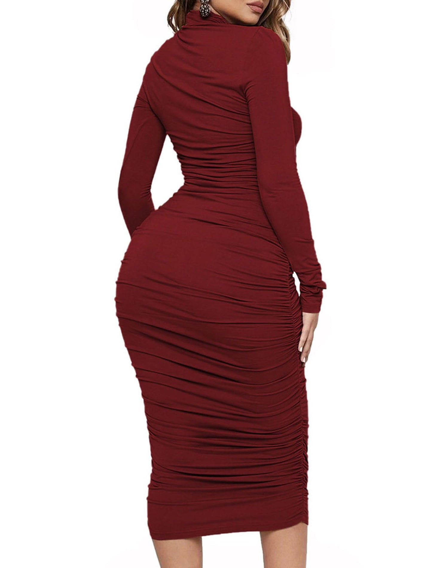 Mock Neck Ruched Midi Dress