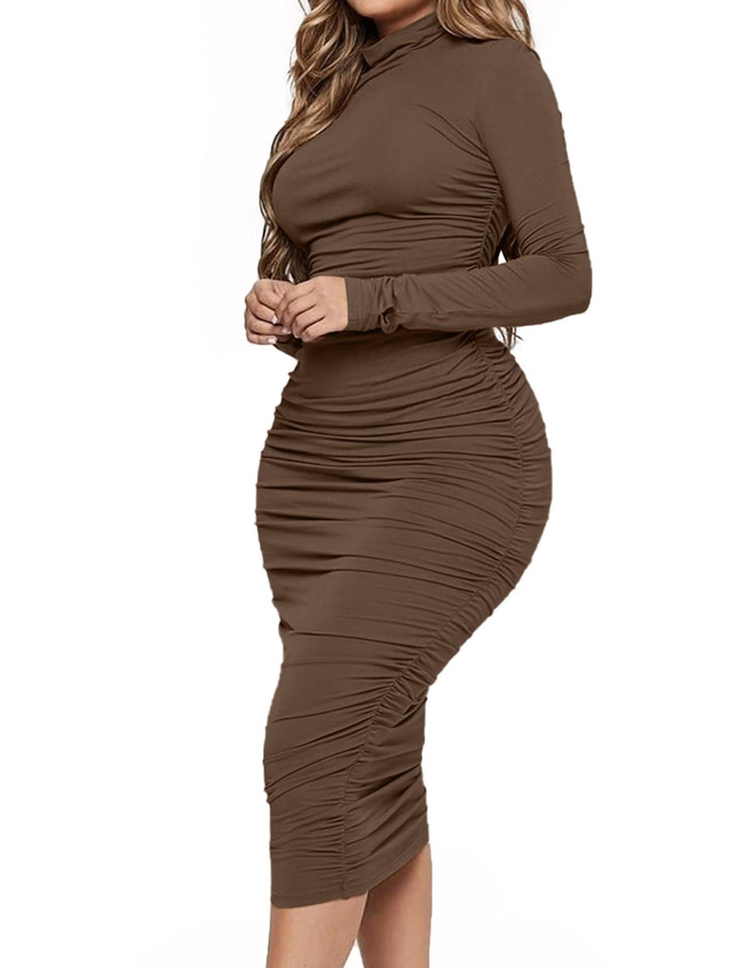 Mock Neck Ruched Midi Dress
