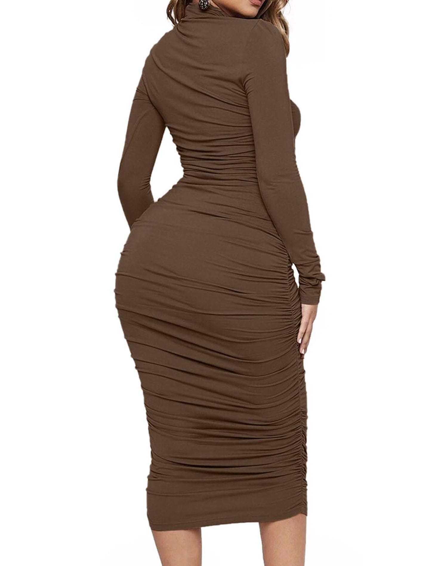 Mock Neck Ruched Midi Dress
