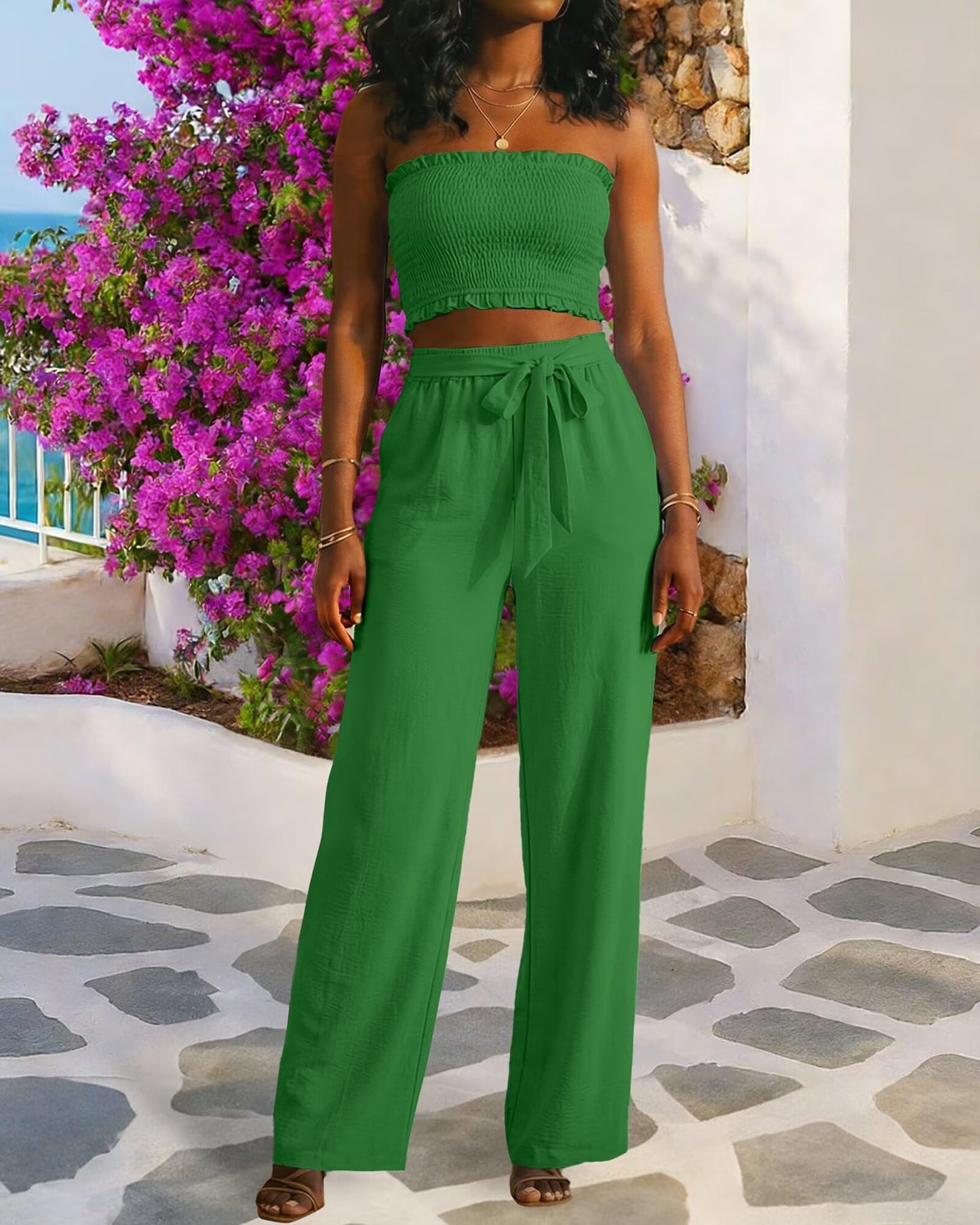 Knot Front Wide Leg Pants Set