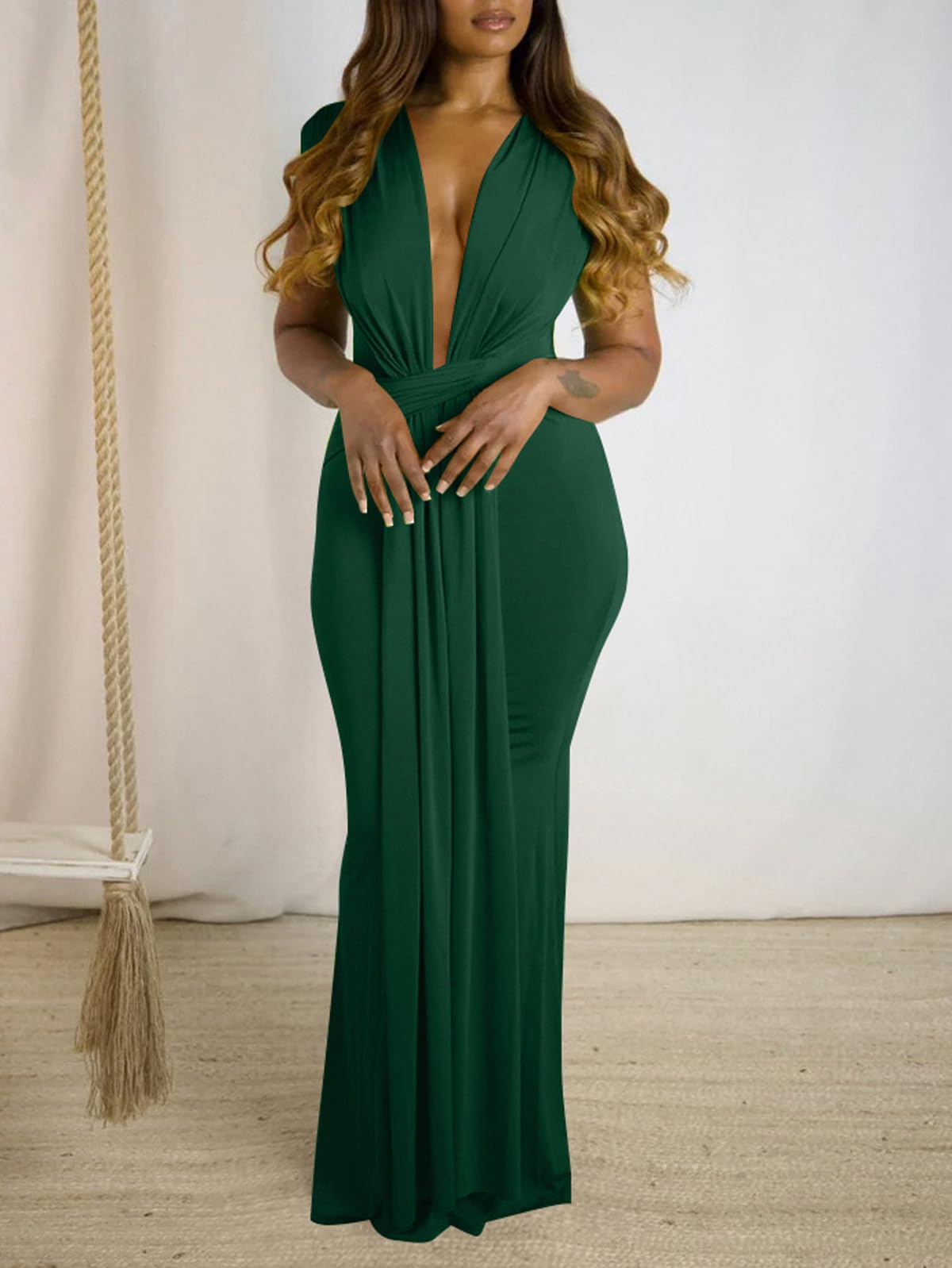 Deep V Neck Tie Front Maxi Dress
