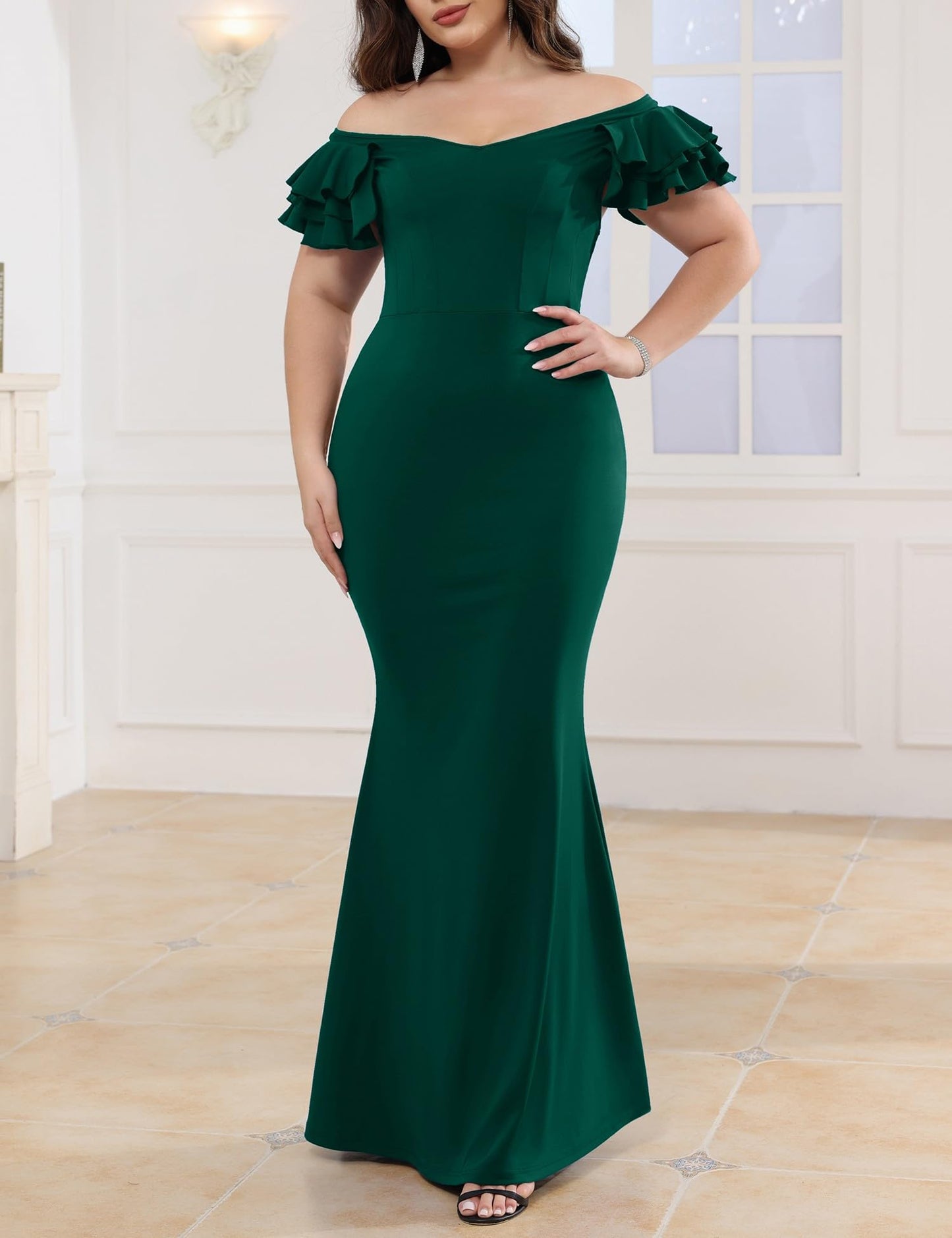 Maxi Dress  V-Neck Ruffle Sleeves Mermaid