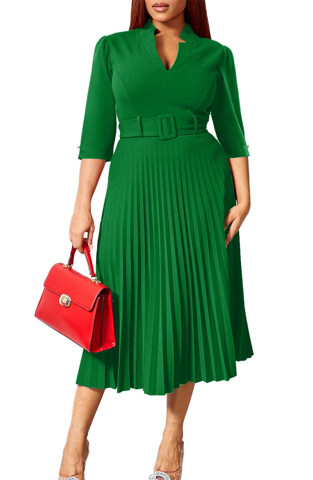 V Neck Belted Pleated Dress
