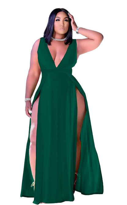 Plus Size Sleeveless V-Neck Split Maxi Dress