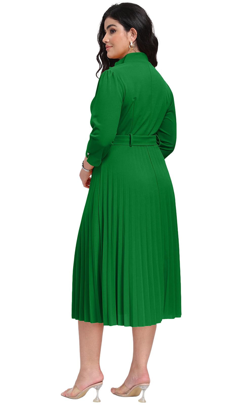 V Neck Belted Pleated Dress