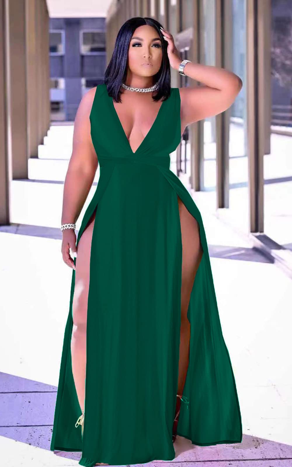 Plus Size Sleeveless V-Neck Split Maxi Dress