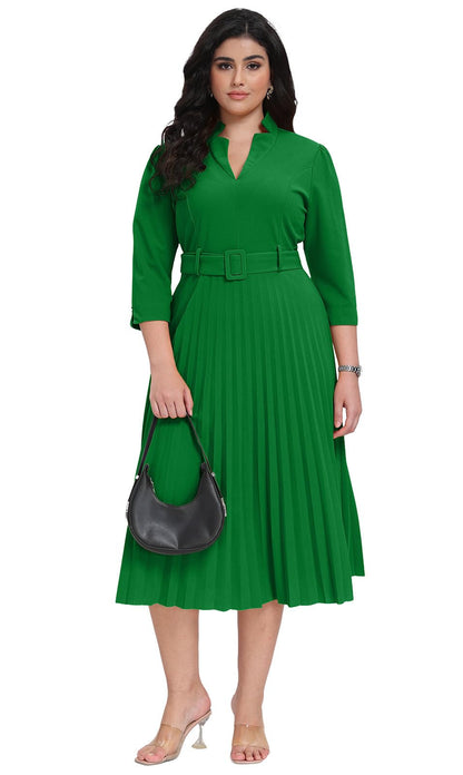 V Neck Belted Pleated Dress