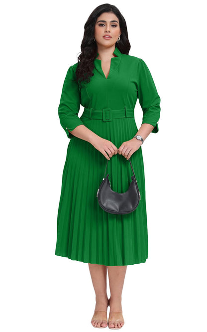 V Neck Belted Pleated Dress