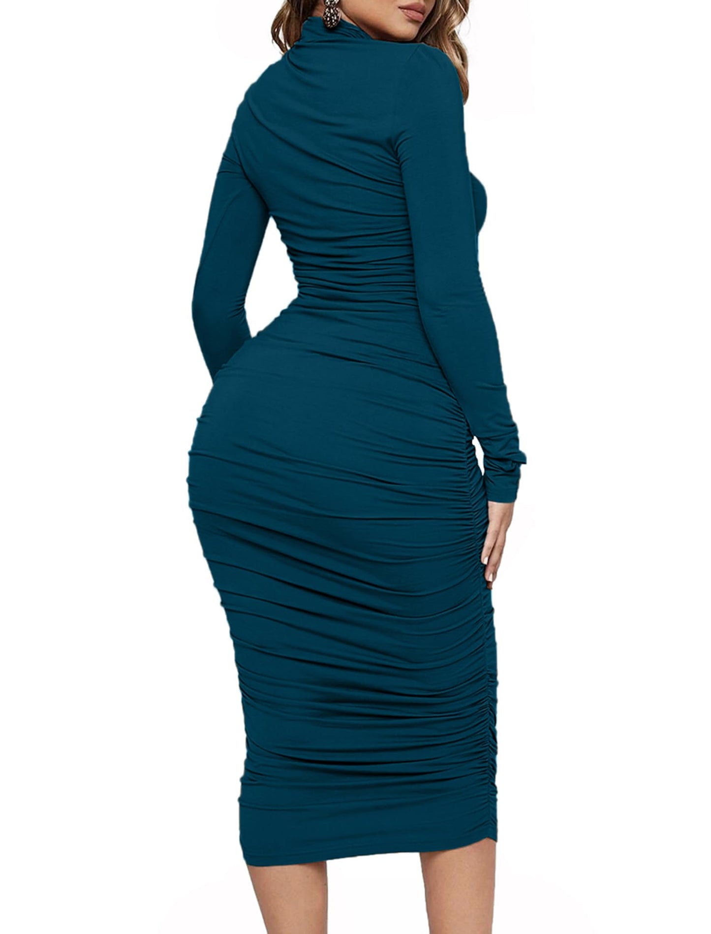 Mock Neck Ruched Midi Dress