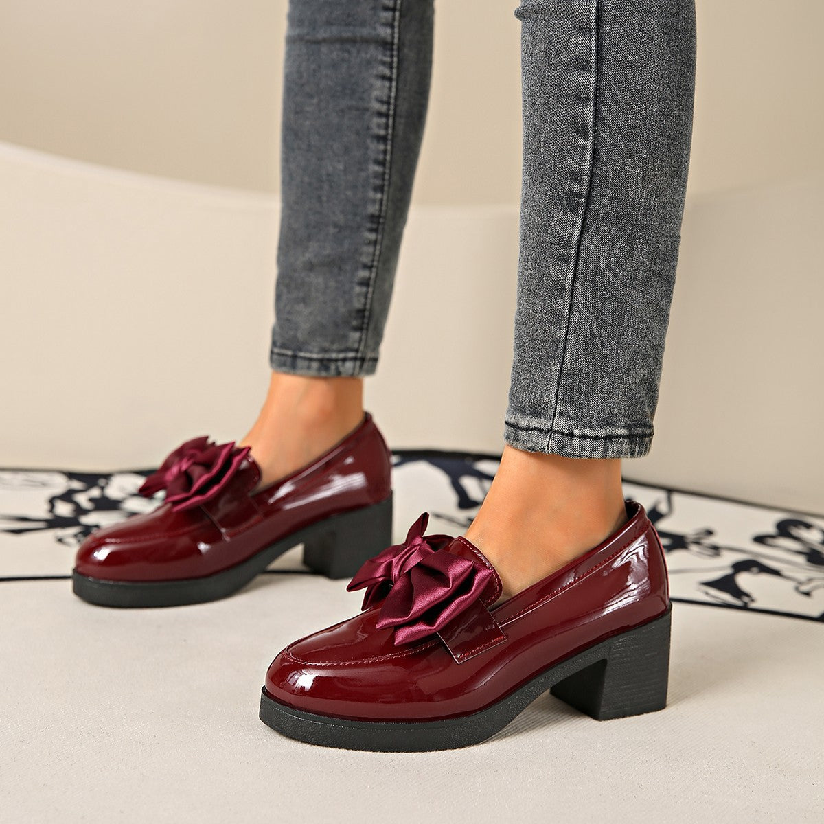 Daisy Bow Block Heel Loafers