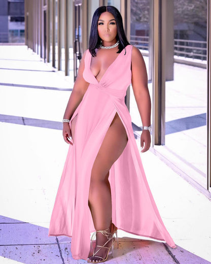 Plus Size Sleeveless V-Neck Split Maxi Dress