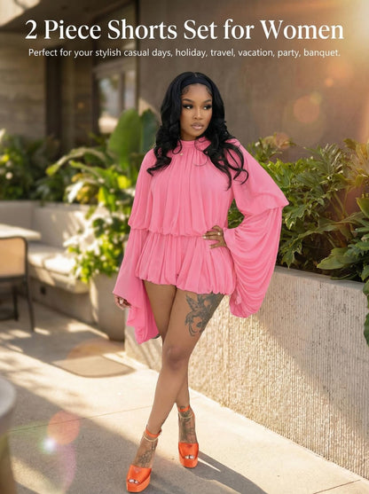 Chiffon Bell Sleeve Shorts Set